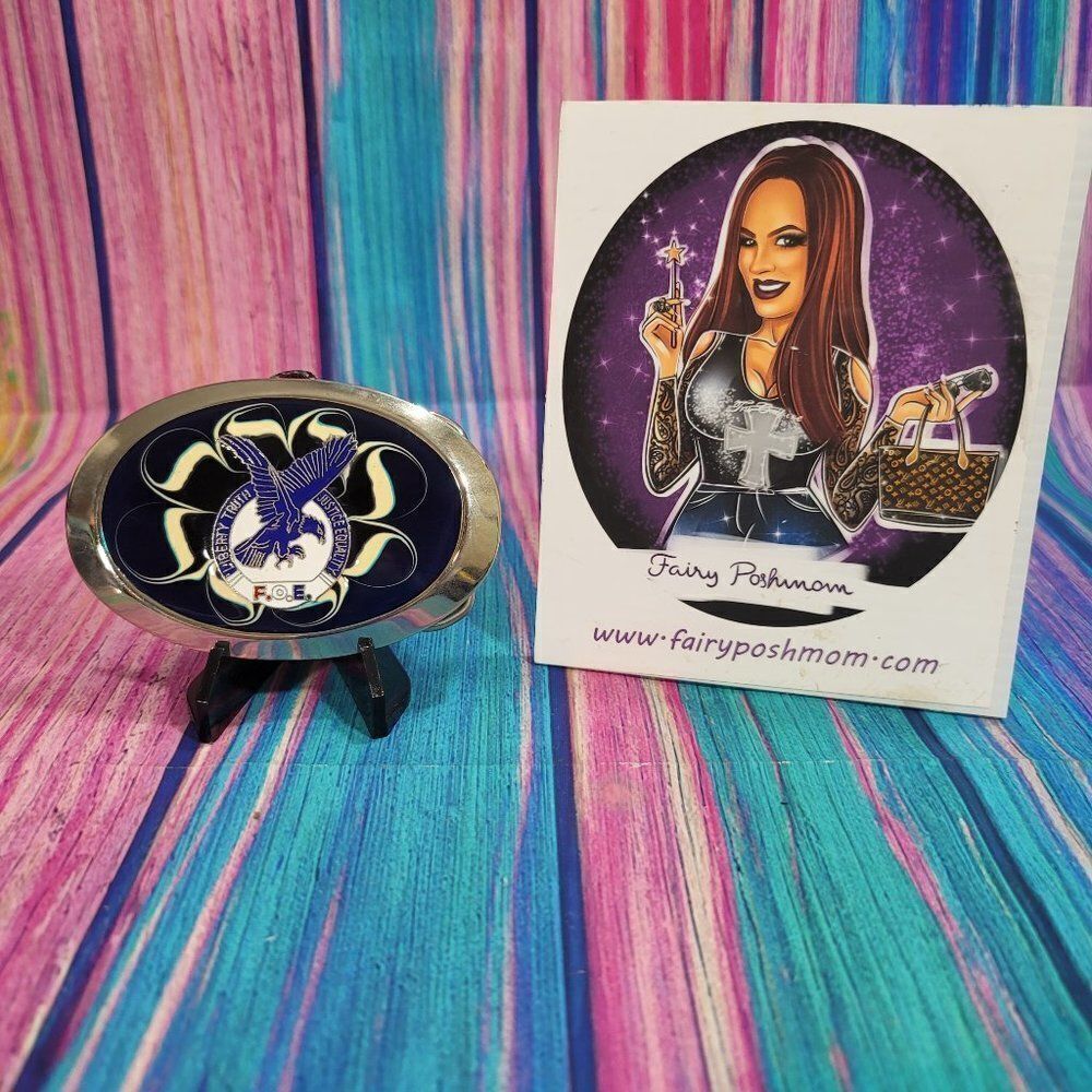 Fraternal Order of the Eagles FOE on Blue Epoxy Belt Buckle